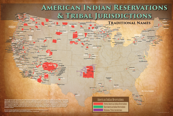 American Indian Reservations Map w/ Reservation Names - 24"x36" showing Native American reservation boundaries