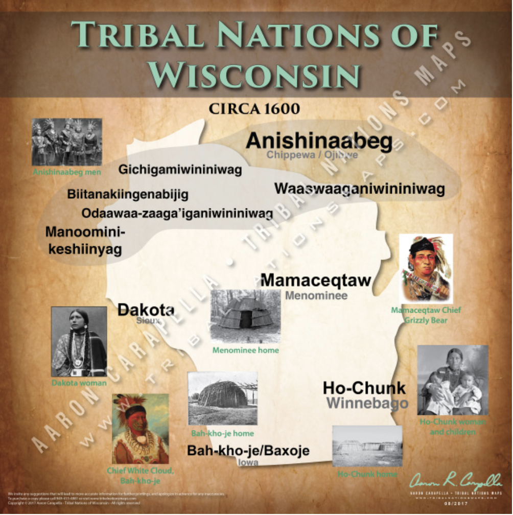 Native American tribes map of Wisconsin showing pre-contact indigenous tribal homelands