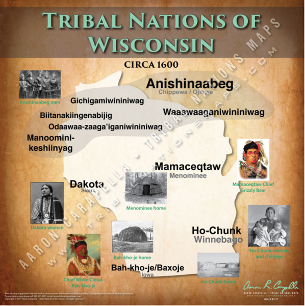 Native American tribes map of Wisconsin showing pre-contact indigenous tribal homelands