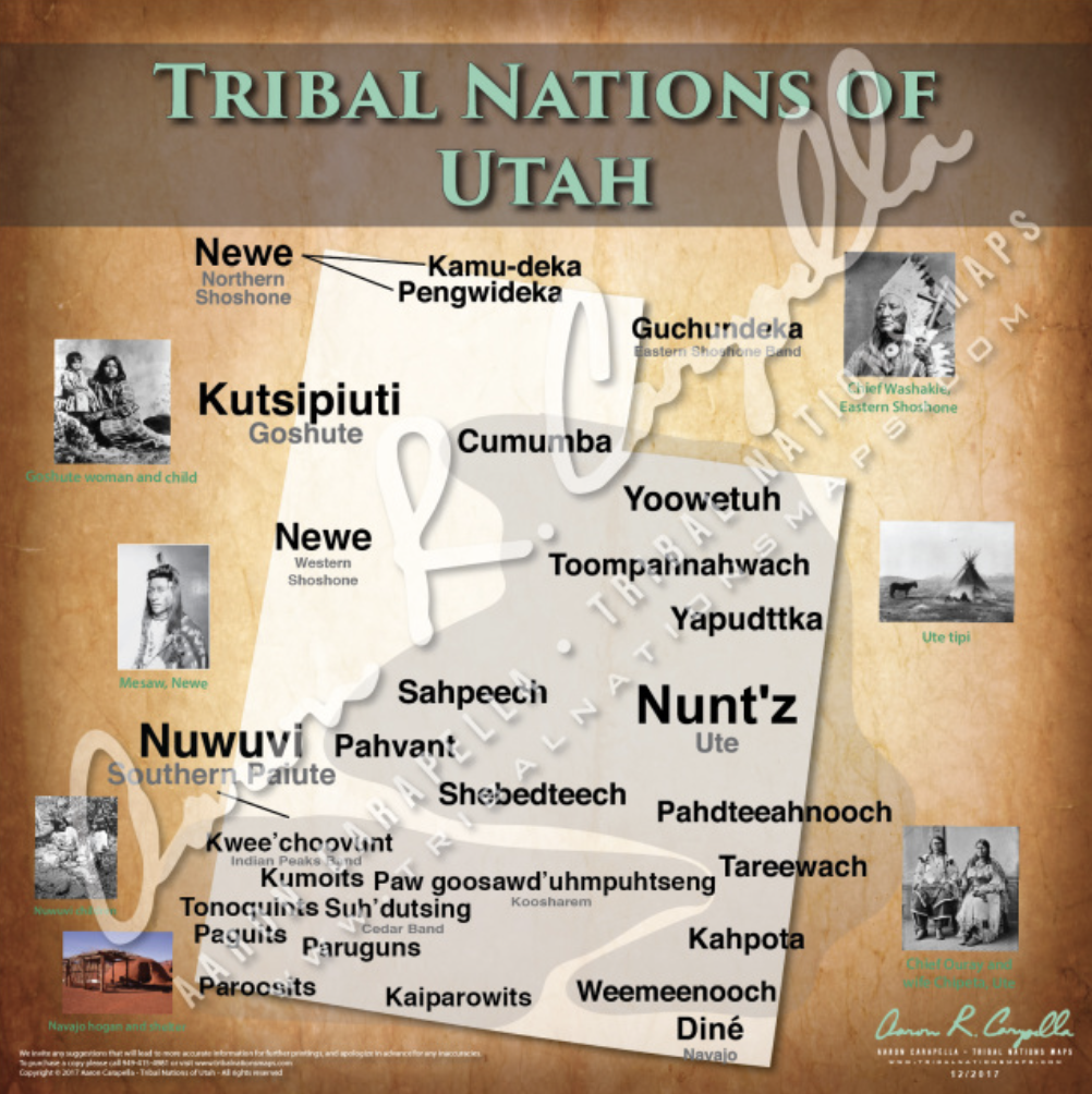 Native American tribes map of Utah showing pre-contact indigenous tribal homelands