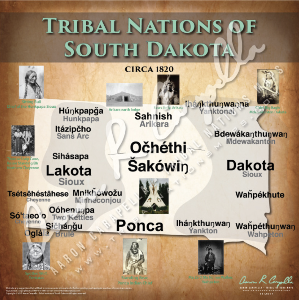 Native American tribes map of South Dakota showing pre-contact indigenous tribal homelands