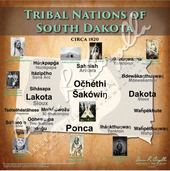 Native American tribes map of South Dakota showing pre-contact indigenous tribal homelands