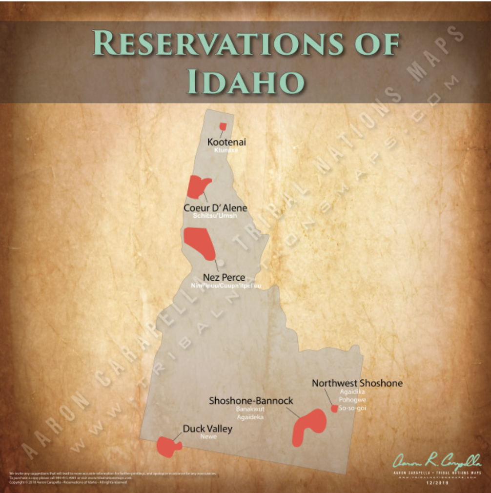 Native American tribes map of Idaho showing pre-contact indigenous tribal homelands