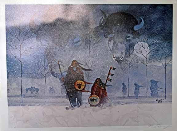 TWO BUFFALOES  -  by artist Anderson Benally (Navajo) (1954 - 2013) - 29w x 22h — pre-contact Native American tribal homeland map poster