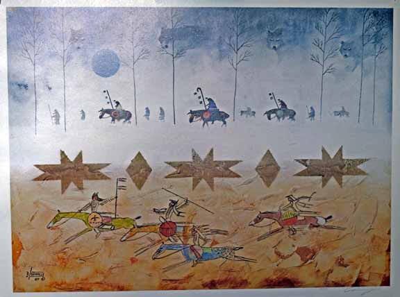 THE TRAIL AND THE WOLF - BY ARTIST ANDERSON BENALLY (NAVAJO) (1954 - 2013) - 29W X 22H — pre-contact Native American tribal homeland map poster