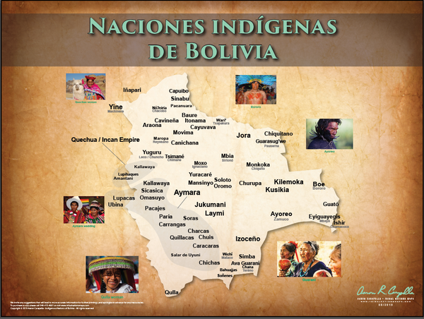 (SPANISH) Indigenous Nations of Bolivia - Naciones indígenas de Bolivia - 18"x24" — pre-contact Native American tribal homeland map poster