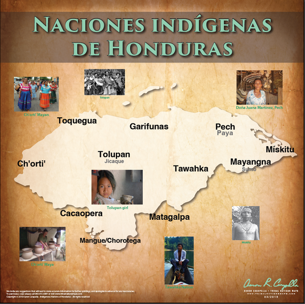 (SPANISH) Indigenous Nations of Honduras - Naciones indígenas de Honduras - 18"x24" — pre-contact Native American tribal homeland map poster