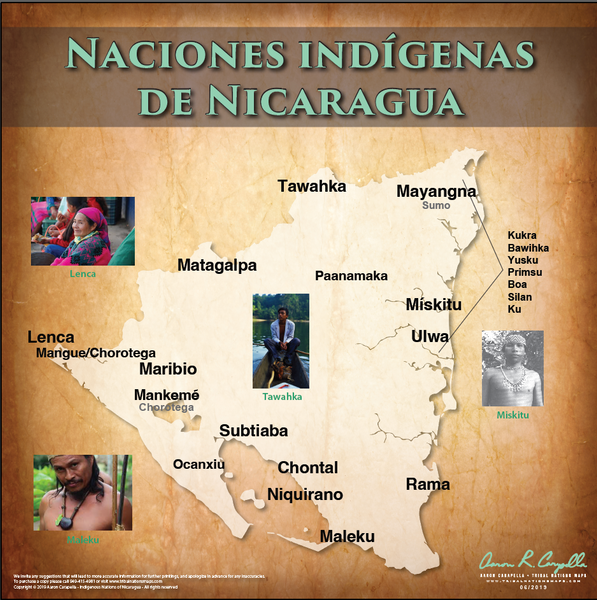 (SPANISH) Indigenous Nations of Nicaragua - Naciones indígenas de Nicaragua - 18"x24" — pre-contact Native American tribal homeland map poster