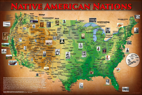 Native America - Topographical - 35"x52" — pre-contact Native American tribal homeland map poster