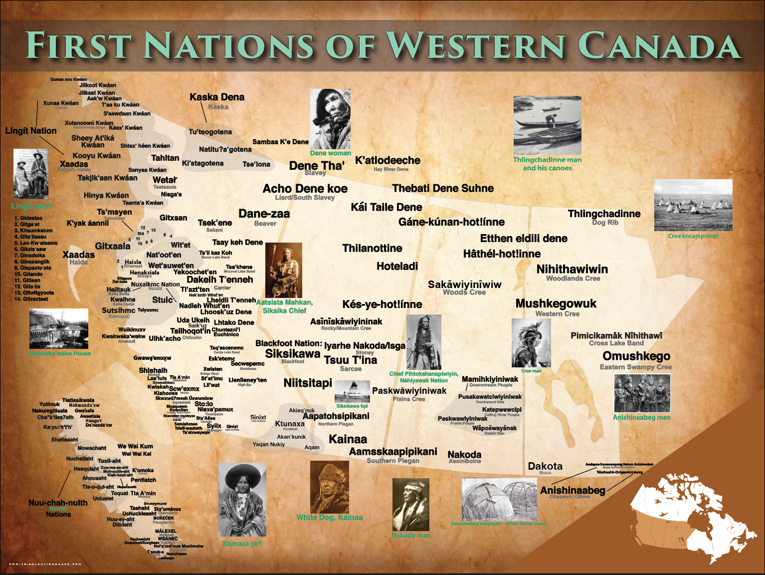 Western Canada Postcard 8.5"x11" (7 Pack) — pre-contact Native American tribal homeland map poster