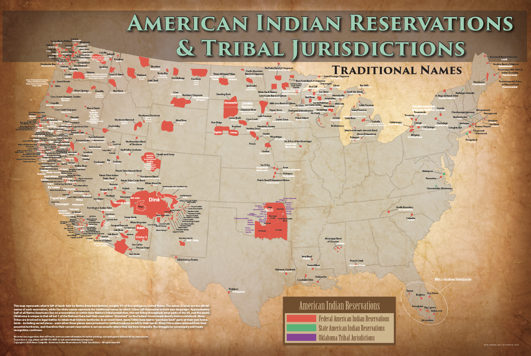 American Indian Reservations Postcard 8.5"x11" (7 Pack) showing Native American reservation boundaries