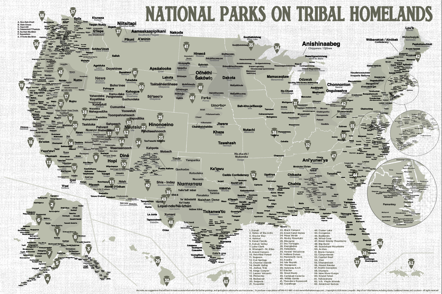 National Parks on Tribal Homelands - 24"x36" — pre-contact Native American tribal homeland map poster