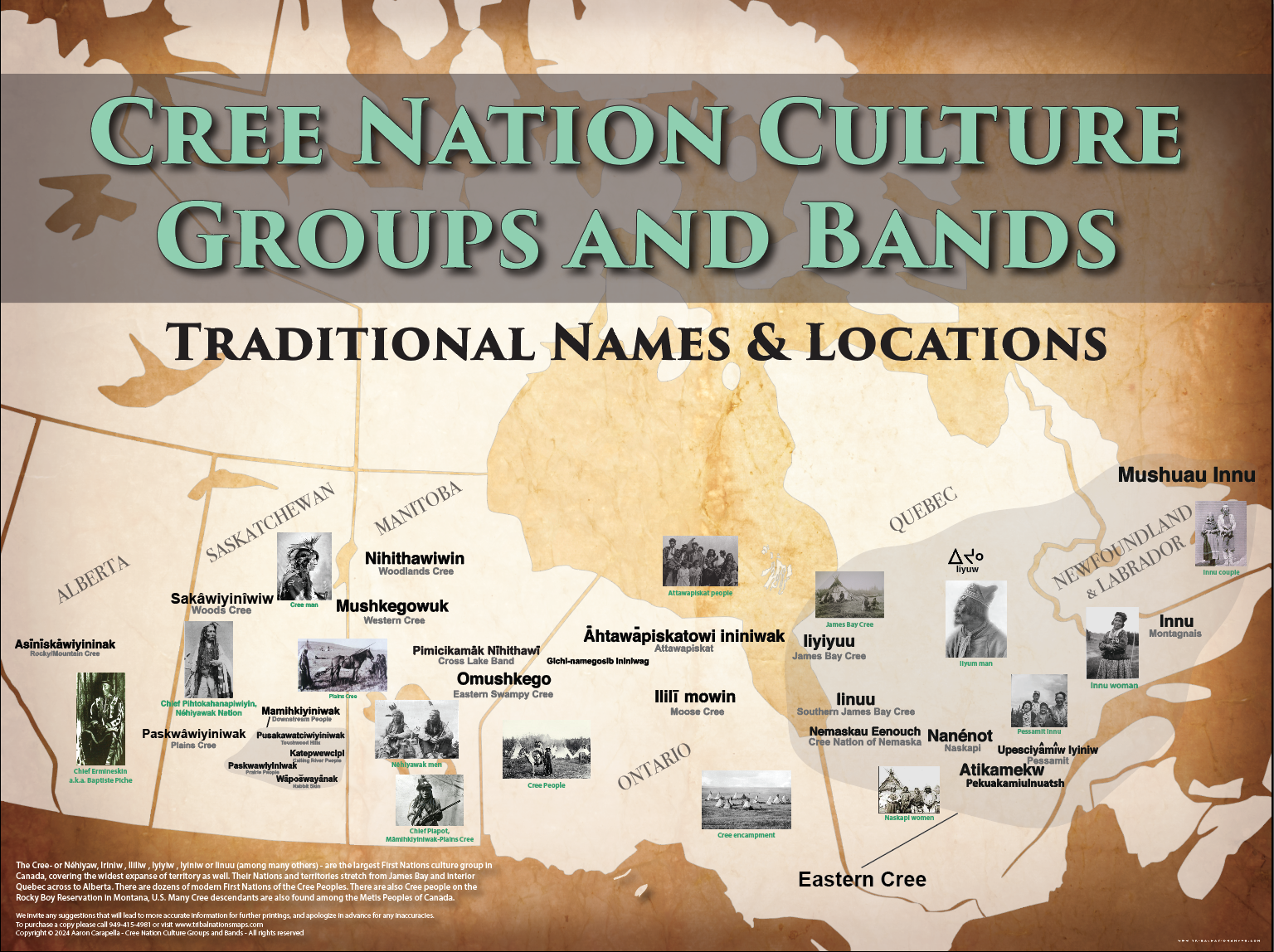 Cree Nation Culture Groups and Bands - 18"x24" — pre-contact Native American tribal homeland map poster