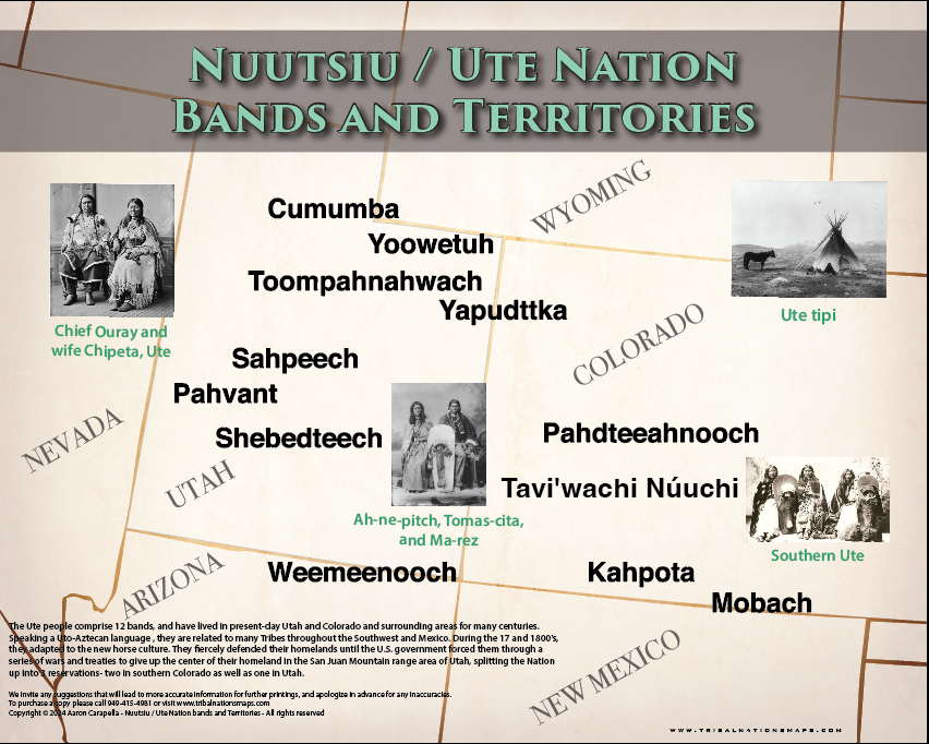 Nuutsiu / Ute Nation bands and Territories - 16"x20" — pre-contact Native American tribal homeland map poster