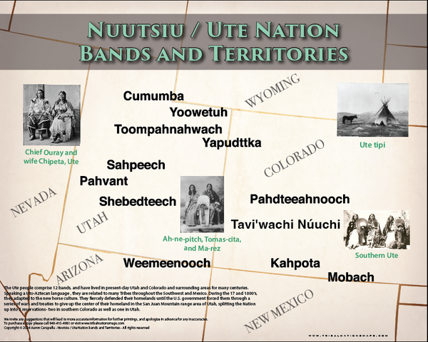 Nuutsiu / Ute Nation bands and Territories - 16"x20" — pre-contact Native American tribal homeland map poster