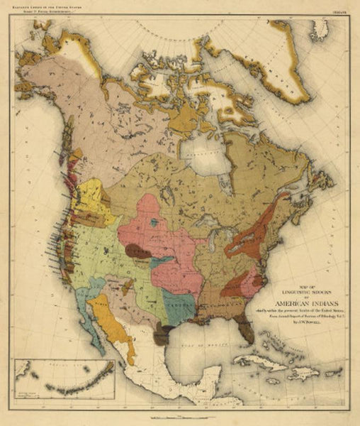 Native American Linguistics 1890 Map Poster